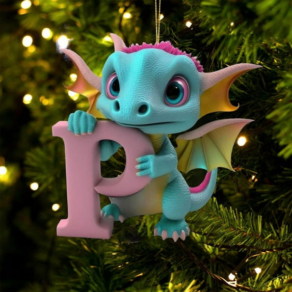 Honeeladyy Personalized Dinosaur Christmas Ornament 26 Letters Hanging Pendant Ornaments 2024 Plastic Initial Monogram Xmas Tree Decorations with Hanging Rope Unique Customized Fun Gift for Kids (P)