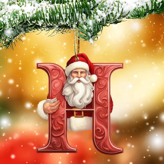 Honeeladyy Personalized Santa Christmas Ornament 26 Letters Hanging Pendant Ornaments 2024 Acrylic Initial Monogram Xmas Tree Decorations with Hanging Rope Unique Customized Fun Gift for Kids (H)