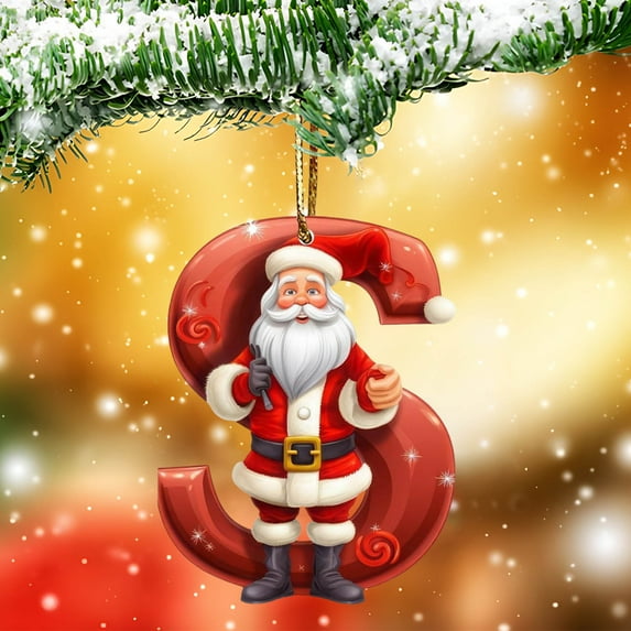 Honeeladyy Personalized Santa Christmas Ornament 26 Letters Hanging Pendant Ornaments 2024 Acrylic Initial Monogram Xmas Tree Decorations with Hanging Rope Unique Customized Fun Gift for Kids (S)