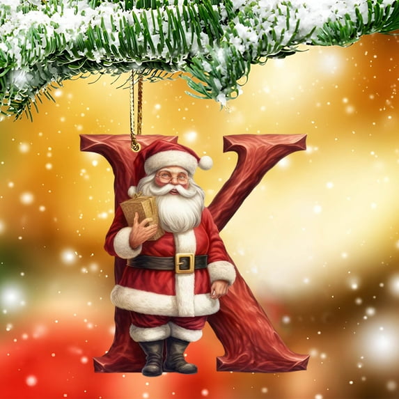 Honeeladyy Personalized Santa Christmas Ornament 26 Letters Hanging Pendant Ornaments 2024 Acrylic Initial Monogram Xmas Tree Decorations with Hanging Rope Unique Customized Fun Gift for Kids (K)