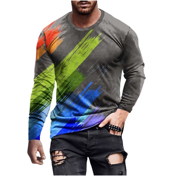 Honeeladyy Pullover Top for Men Long Sleeve 3D Flame Printed Round-Neck Sweatshirt Slim Fit Sport Casual Tee Shirt Blouses #Sa-Gray-M