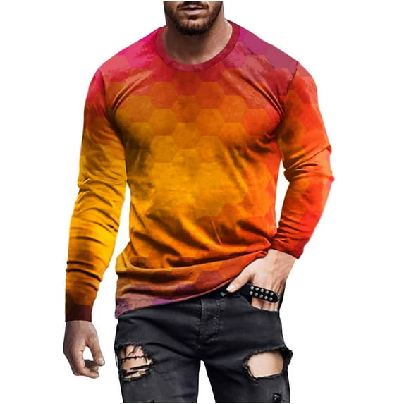 Honeeladyy Pullover Top for Men Long Sleeve 3D Flame Printed Round-Neck Sweatshirt Slim Fit Sport Casual Tee Shirt Blouses #Ta-Orange-XXXXL