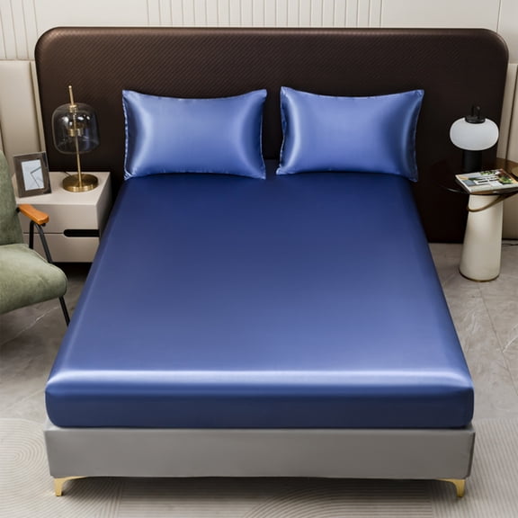 Honeeladyy Queen Size Satin Fitted Sheet, Simulate Silky Sheet with Elastic Corner Straps, Skin-friendly Soft Lighweight No More Slipping Off for Mattress, 1 Fitted Sheet Only (Blue)