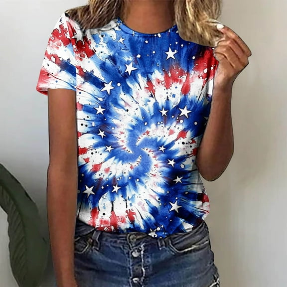Honeeladyy Red and Blue Outfits for Women's Casual Independence Day Printing Round-Neck Short Sleeve T-Shirt Blouse Tops for Beach Hawaiian(Multicolor,L)