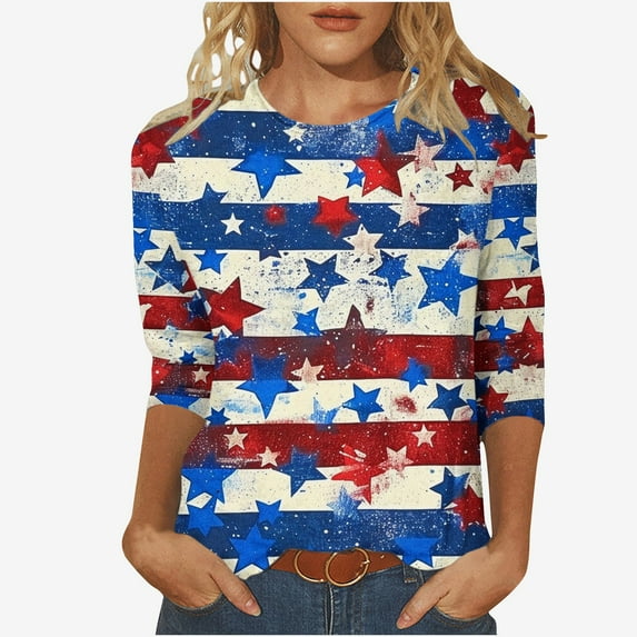 Honeeladyy Red and Blue Outfits for Women's Independence Day Printed Round Neck Three-quarter Sleeve 3/4 Sleeve T-Shirt Top for Beach Hawaiian(Red,L)