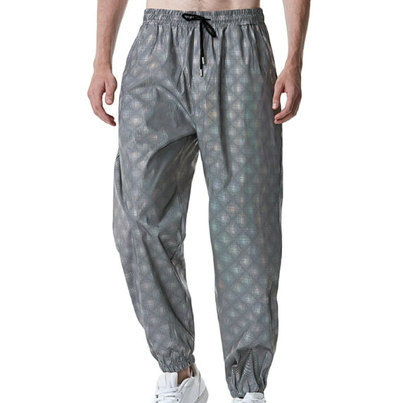 Honeeladyy Reflective Pants for Men Hip Hop Dance Fluorescent Print Trousers Wide Leg Sport Drawstring Jogger Pants for Nightclub Club Party Birthday Gifts for Dad Multicolor L