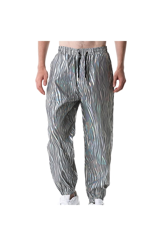 Reflective Pants for Men Hip Hop Dance Fluorescent Print Trousers Wide Leg Sport Drawstring Jogger Pants for Nightclub Club Party Christmas Gift for Boyfriend Silver L
