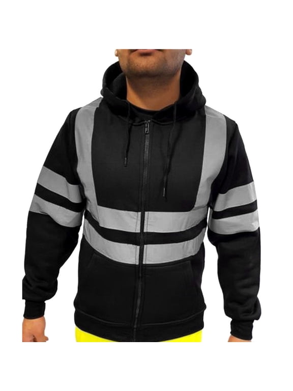 Reflective Safety Jacket for Mens,High Visibility Zippered Work Construction Coats in Cold Weather Fall Cycling Jacket Black XXL