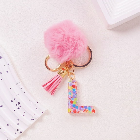 Honeeladyy Resin Alphabet Initial Letter Keychain Keyring for Women Purse Handbags with Faux Fur Ball Pom and Tassel, Christmas Birthday Holiday New Year Party Gifts（L）