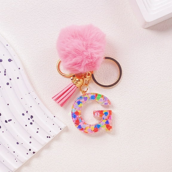 Honeeladyy Resin Alphabet Initial Letter Keychain Keyring for Women Purse Handbags with Faux Fur Ball Pom and Tassel, Christmas Birthday Holiday New Year Party Gifts（G）