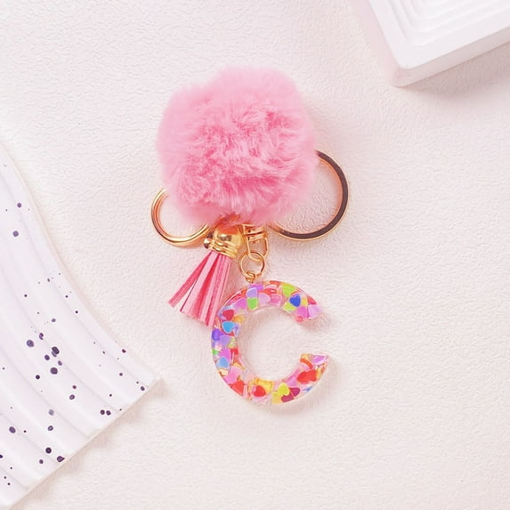 Honeeladyy Resin Alphabet Initial Letter Keychain Keyring for Women Purse Handbags with Faux Fur Ball Pom and Tassel, Christmas Birthday Holiday New Year Party Gifts(C)