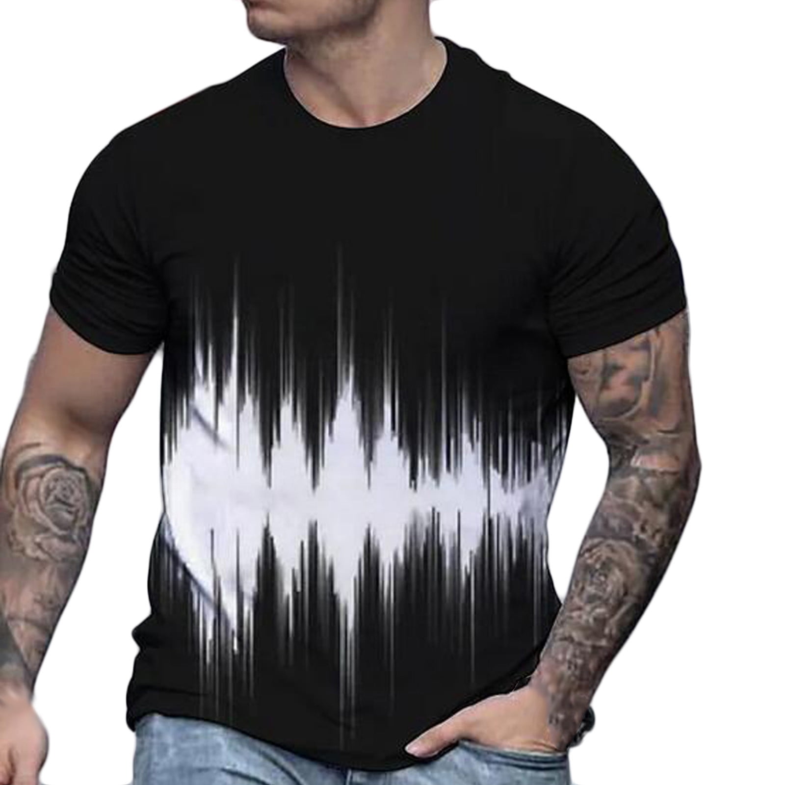 Honeeladyy Rollbacks Men's Summer Oversized Short Sleeve Shirts Color Wave Frequency  Graphic Casual Comfy Round Neck Blouses Basic T-Shirt Black 