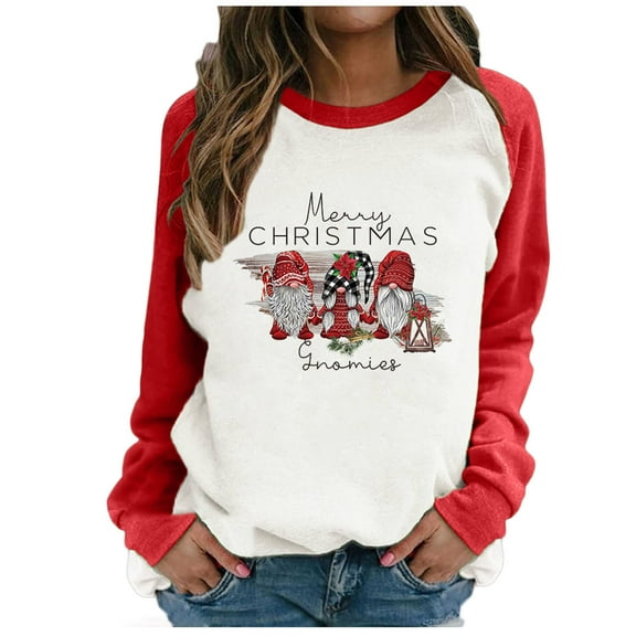 Honeeladyy Rollbacks Merry Christmas Cute Three wear hat Gnome Novelty Graphics Pullover Fall Sweatshirt Women Long Sleeve Loose Pullover Tops White