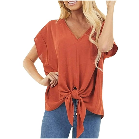 Honeeladyy Rollbacks Summer Short Sleeve Tops for Women Tie Front Knot Oversized T-Shirt V Neck Loose Fit Casual Shirt with Single Pocket Orange