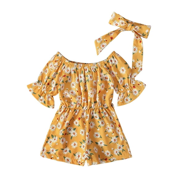 Honeeladyy Rollbacks Toddler Baby Girls Summer Floral Printed Short Sleeve Jumpsuit + Bow Two-piece Children's Clothing Set Suit