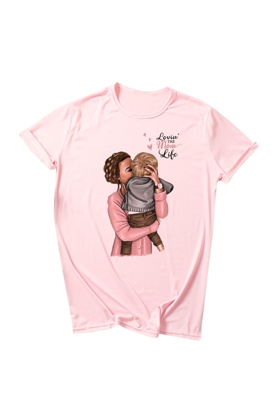 Rollbacks Women's Lovin' The Mama Life T-Shirt for Mom Cartoon Mother Kid Print Tops Short Sleeve Casual Tees