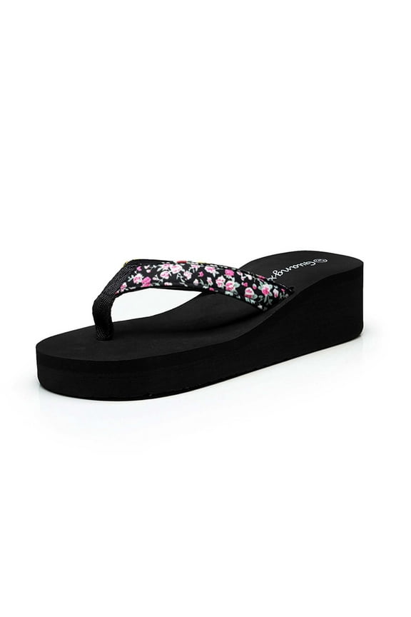 Rollbacks Women's Summer Floral Flip-Flops Wedge Heel Platform Flip Flops Lightweight Comfortable Beach Bathing Shoes