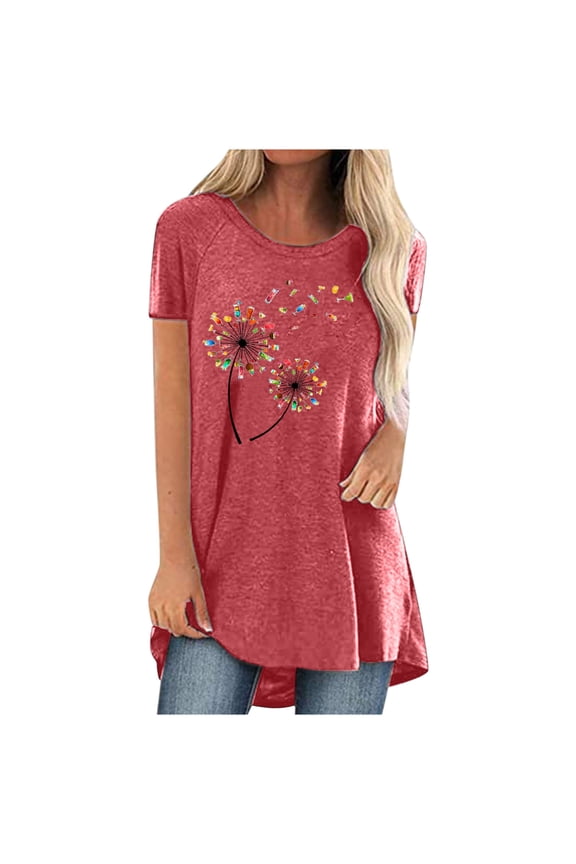 Rollbacks Women's Tunic Tops Wear with Leggings Funny Colorful Graphic Tees Summer Short Sleeve Loose Fit Long Shirt Pink
