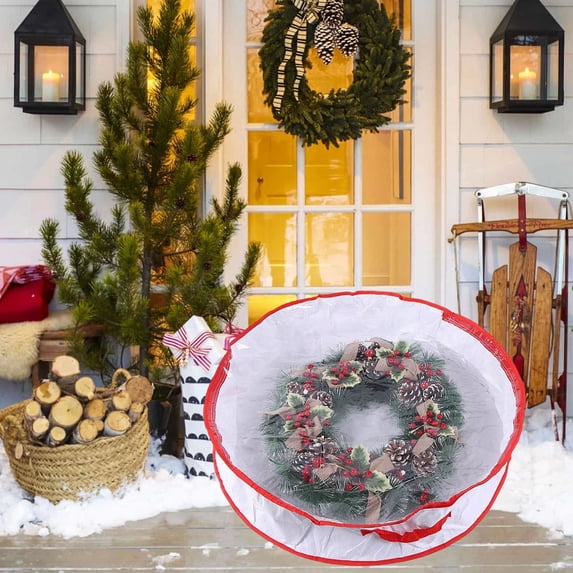 Honeeladyy Round Wreath Storage Bag, Christmas Decoration Garland Container, 24 Inch Wreath Organizer with Dual Zipper & Clear Window for Xmas Holiday Seasonal Wreath Garland