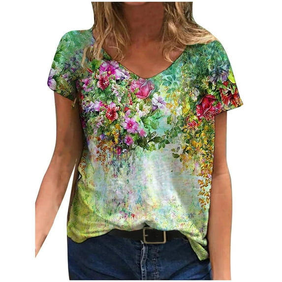 Honeeladyy Sales Bright Color Shirts for Women Colorful Beautiful Flower Print Tops Summer Short Sleeve Casual Cool V Neck Fashion Blouse Green