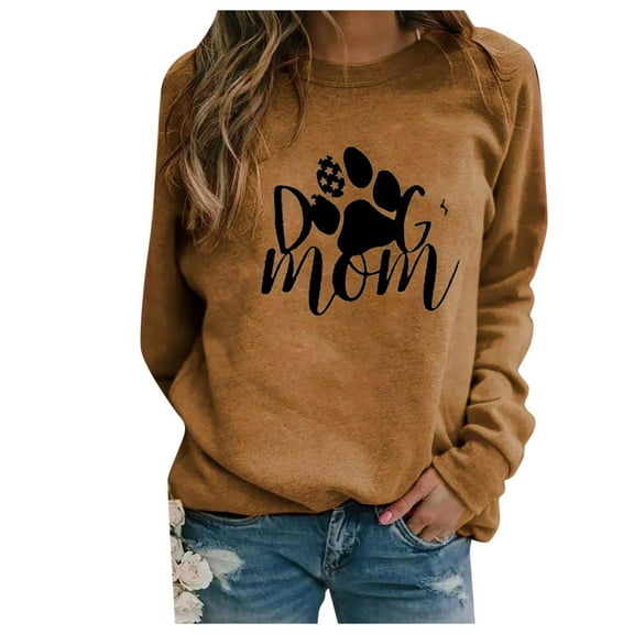 Honeeladyy Sales Dog Paw Mom Print Sweatshirts Women Long Sleeve Pullover Tops Casual Blouse Elbow Patch Loose Fit Tunic