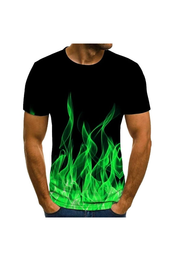 Sales Flame Graphic Tees for Men Vintage 90s Rap Streetwear Summer Plus Size Short Sleeve Tshirt Casual Oversized Tunic Top Green