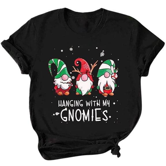 Honeeladyy Sales Hanging with My Gnomies Christmas Cute T Shirt Womens Letter Novetly Funny Printed Short Sleeve Holiday Family Cmofy Tops Bla