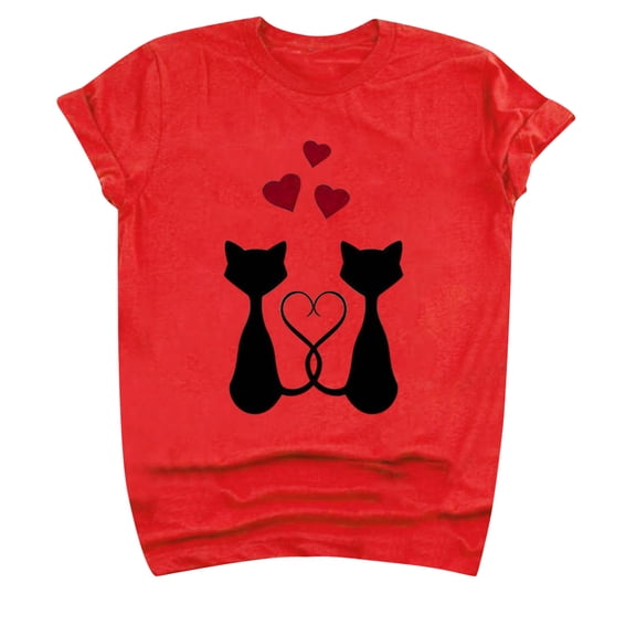 Honeeladyy Sales Happy Valentine's Day Shirts for Women Romantic Black Cat Couple Heart Shape Tail Print Pullover Fashion Crewneck Tops