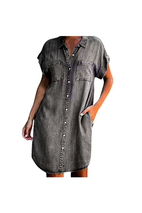 Sales Jeans Shirts for Women Denim Short Sleeve Button Down Lapel Casual Tunic Tops Vintage Chambray Comfy Tops Shirt Dress Pockets