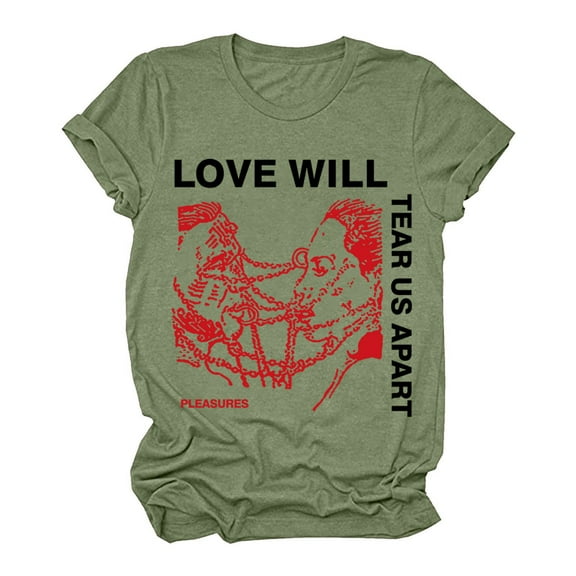 Honeeladyy Sales Love Will Tear Us Apart T-Shirt for Women Novelty Face Portrait Letter Print Tops Summer Casual Loose Short Sleeve Tee Green