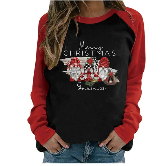 Honeeladyy Sales Merry Christmas Cute Three wear hat Gnome Novelty Graphics Pullover Fall Sweatshirt Women Long Sleeve Loose Pullover Tops Red
