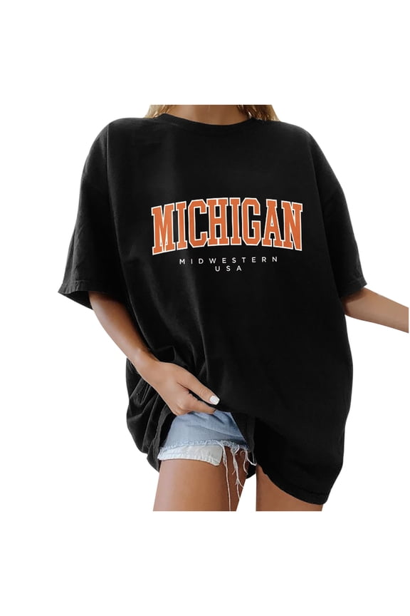 Sales Michigan Midwestern USA Letter Shirt for Women Vintage Short Sleeve Tops Loose Summer Crewneck Casual Trendy Blouse
