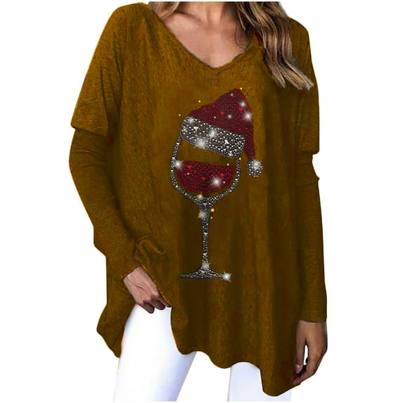 Honeeladyy Sales Online Christmas Holiday Blouse for Women's Loose Tunic Tops Glasses Printed Shirts Long Sleeve Casual V-Neck Pullover