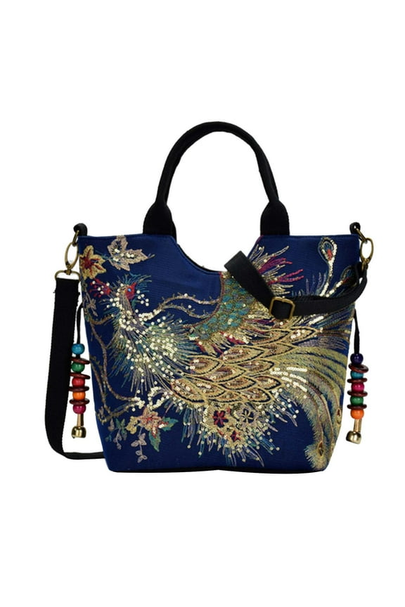 Sales Online New Wind Embroidered Bag Canvas Peacock Embroidery Middle-aged Shoulder Portable Package