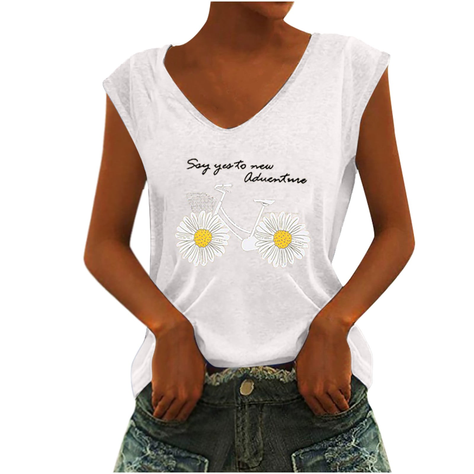 Honeeladyy Sales Online Say You to New Adventure Shirt Women Summer Tank Tops Daisy Wheel Bike Print Pattern Blouse Sleeveless V Neck Vest Tee