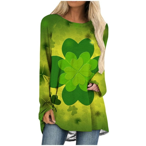Honeeladyy Sales Online St. Patrick's Day Tunic Tops Women Crewneck Long Sleeve Shirts Shamrock Gnome Print Casual Loose Pullover Blouse T-shirt Tops