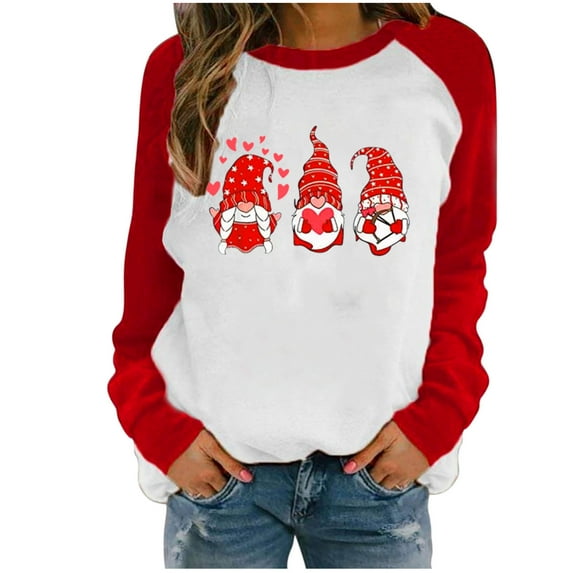 Honeeladyy Sales Online Valentine's Day Tops for Women Long Sleeve Shirts Heart Gnome Printed Crewneck Pullover Sweatshirt Raglan Casual Tunic Tops