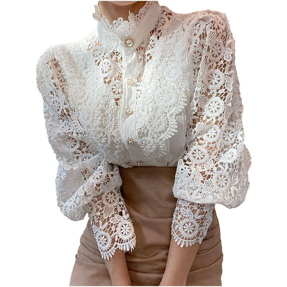 Honeeladyy Sales Online Women Lace Top Vintage Pearl Buttons Turtleneck Long Sleeve Shirts Renaissance Blouse Elegant Floral Lace Tunic Tops
