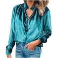 thumbnail image 1 of Honeeladyy Sales Online Women Velvet Solid Color Ruffle High Neck Shirts Top Lapel Collar Button Up Long Sleeve Loose Blouse Buckle Cuff Pullover, 1 of 9