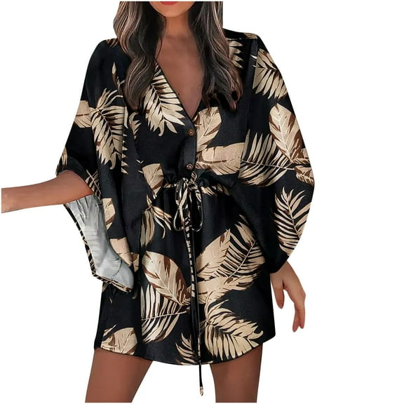 Honeeladyy Sales Online Women's 2022 Summer Casual Dresses Hawaiian Printed Button Front V-Neck Loose Half Sleeve Drawstring Beach Dresses