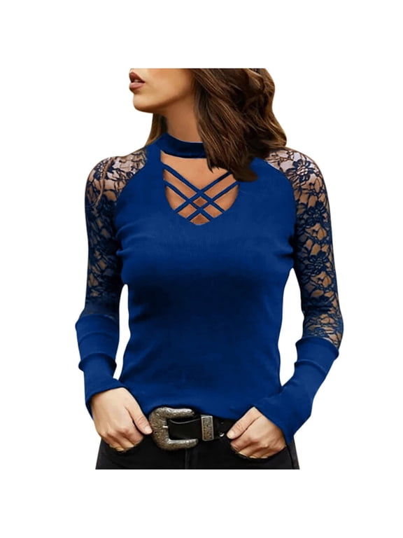 Sales Online Women's Choker Criss Cross Neck Lace Shirts Keyhole Hollow-out Solid Color Long Sleeve Tee Shirt Stitching Tops Blouse