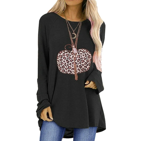 Honeeladyy Sales Online Women's Halloween Leopard Pumpkin Print Loose Round Neck Long Sleeve Shirt Tops