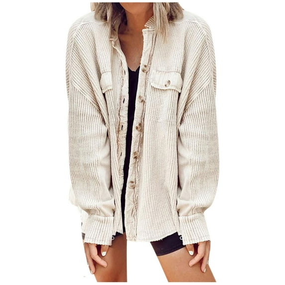 Honeeladyy Discount Button Down Shirts for Women Loose Corduroy Thin Jacket Casual Blouse Tops with Pocket Long Sleeve Oversized Blouses Tops Beige