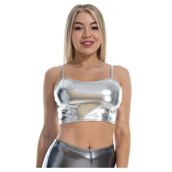Honeeladyy Sales Online Women's Reflective Crop Tops Metallic Bustier Cami Outfits Girls Club Punk Tank Vest Rave Party Festival Short T
