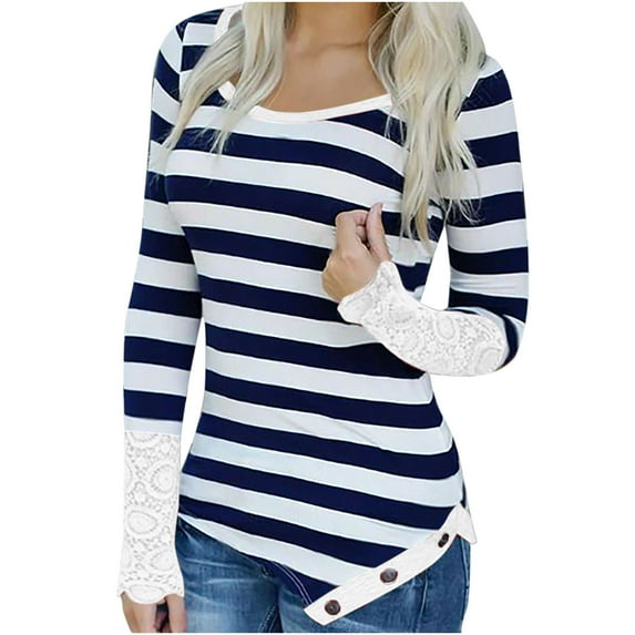 Honeeladyy Sales Online Women's Slim Casual Tunics Tops Lace Splicing Stripe Printing Crew Neck Long Sleeve Base Shirts Stripe Buttons Blouses Tops