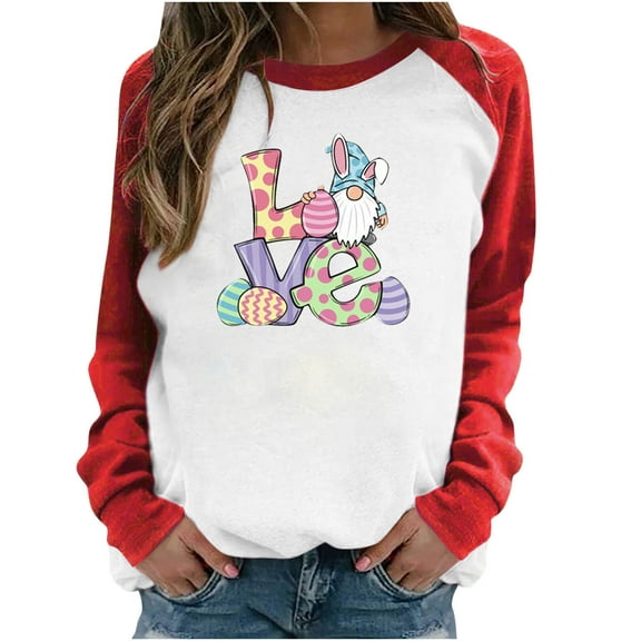 Honeeladyy Sales Online Womens Raglan Sleeve Shirt Pullover Tops Casual Looseweight Easter Bunny Printed Long Sleeve Pullover Cute Rabbit T-Shirt Tops