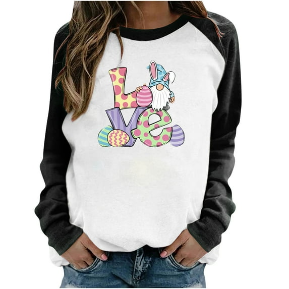 Honeeladyy Sales Online Womens Raglan Sleeve Shirt Pullover Tops Casual Looseweight Easter Bunny Printed Long Sleeve Pullover Cute Rabbit T-Shirt Tops