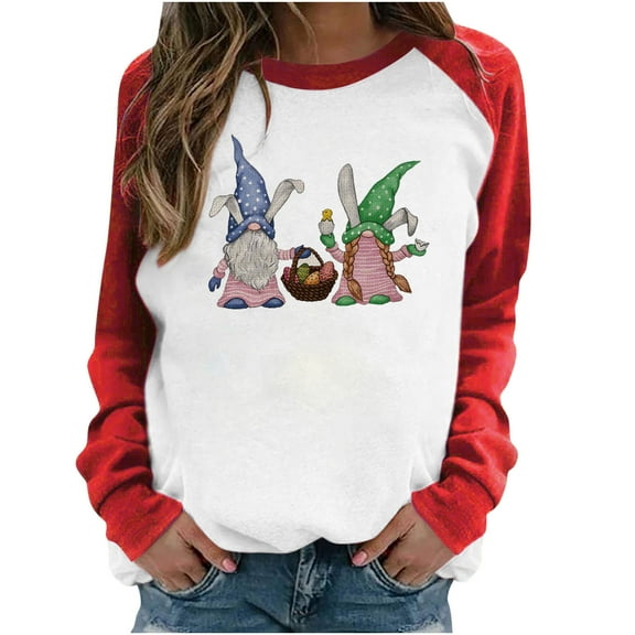 Honeeladyy Sales Online Womens Raglan Sleeve Shirt Pullover Tops Casual Looseweight Easter Bunny Printed Long Sleeve Pullover Cute Rabbit T-Shirt Tops