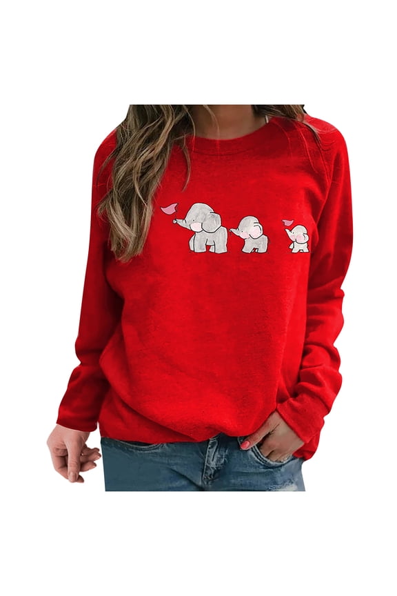 Sales Online Womens Tops Cute elephant Printed Tshirts Long Sleeve Pullover Casual Crewneck Sweatshirt Loose Comfy Tops