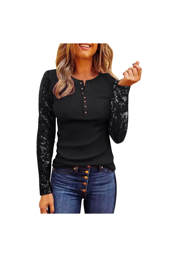 Sales Shiny Sequin Henley Shirts for Women Button Sparkly Sleeve Raglan Tops Elastic Casual Loose Pullover Fall Comfy Blouse Black